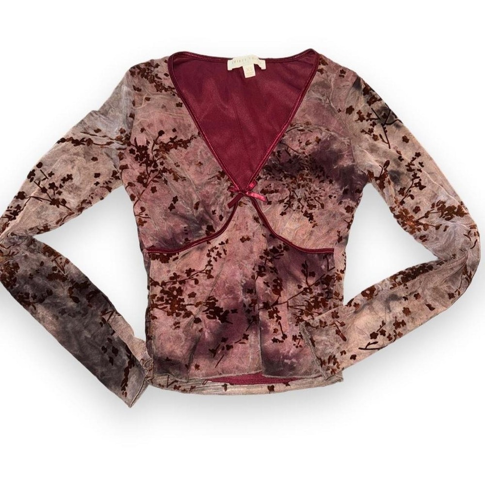 Thirty/Thirty Y2K style floral mesh long sleeve V-neck top, size XS.